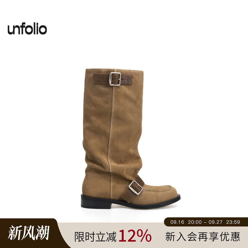 Unfolio26 Early Autumn New Style Buckle Stacked Knee-High Boots Retro Long Tube Stacked Riding Boots for Women Unfolio26 Early Autumn New Style Buckle Stacked Knee-High Boots Retro Long Tube Stacked Riding Boots for Women