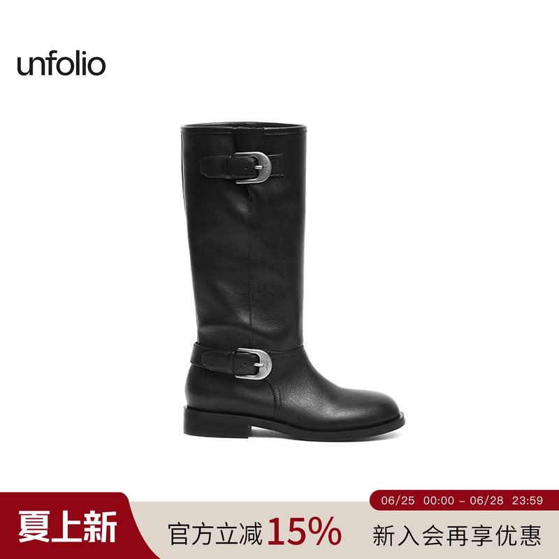 Unfolio2026 Metal Buckle Long Boots Retro Round Toe Long Boots Knight Boots for Women