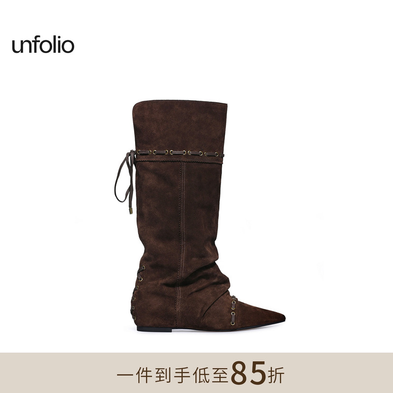 Unfolio Foldable Retro Two-Way High Boots Pointed Toe Knee-High Pleated Stacked Boots for Women