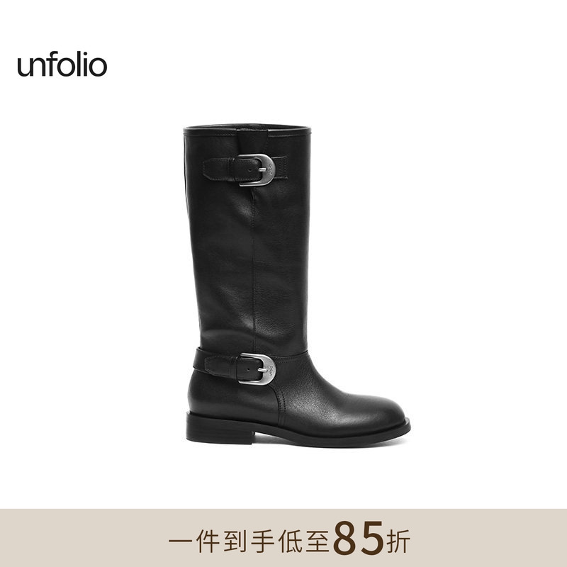 Unfolio2026 Metal Buckle Long Boots Retro Round Toe Long Boots Knight Boots for Women