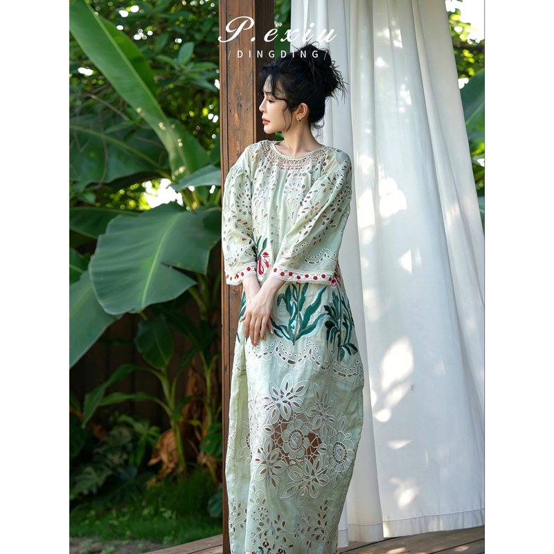 Pan Yixiu 100% Ramie French Heavy Embroidery Hollow-Out Crochet Patchwork Two-Piece Dress Set