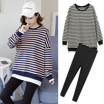 Color-inserted sweatshirt fake two-piece set spring and autumn large size striped factory fashion style splicing loose pregnant women