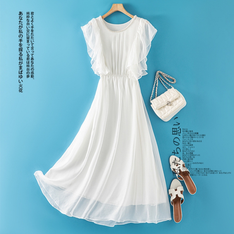 Women's Summer Silk White Sweet Dress, Mulberry Silk Solid Color Waist-Cinching Slimming Sleeveless Flowing Beach Fairy Dress Women's Summer Silk White Sweet Dress, Mulberry Silk Solid Color Waist-Cinching Slimming Sleeveless Flowing Beach Fairy Dress
