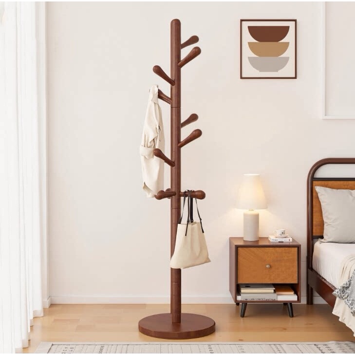 Solid Wood Clothes Rack, Floor-Standing Coat Rack for Home Use, Bedroom Clothes Hanger, Simple Standing Beech Wood Clothes Rod, Indoor Bag Rack