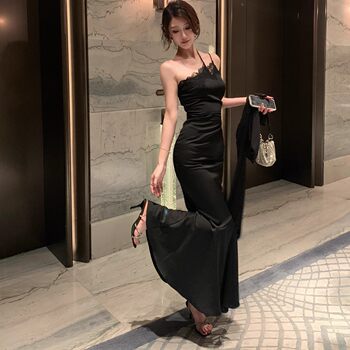Hollin Oblique Shoulder Strap Black Acetate Dress Women's Spring & Fall 2025 New Sexy Waist Slimming Look Long Skirt
