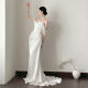 好货法式一字肩轻婚纱白色轻奢缎面订婚礼服裙小众简约鱼尾显瘦出