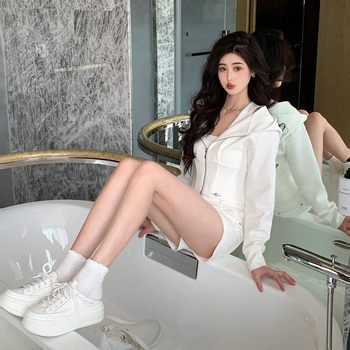 Hollin [Energetic] American Hot Girl Hooded Short White Sweater Women's Spring and Autumn Zipper Cardigan Jacket