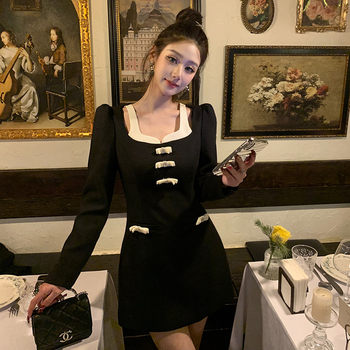 Hollinu Collar Black Waist Slimming Look Long-Sleeved Dress Women's Spring & Fall 2025 New High-End Elegant Skirt
