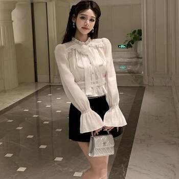 Hollin Palace-Style Rhinestone Chain Puff Sleeve Tencel Shirt for Women 2025 Spring and Summer New Style Noble Style Shirt Top for Women