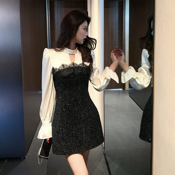 Hollin Patchwork Long-Sleeved Dress for Women, Spring and Autumn 2025 New Design, Waist-Cinching, Slimming, Socialite Style Short Dress