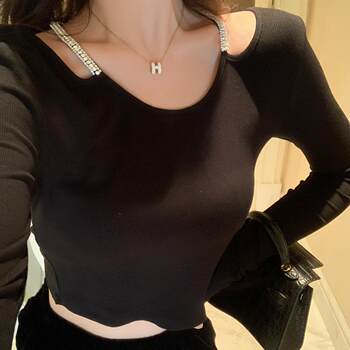 Hollin Rhinestone Knitted Long-Sleeved T-Shirt for Women, Spring and Autumn, Black, Waist-Cinching, Slimming Top, Tight-Fitting, High-End Base Shirt