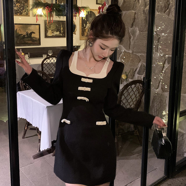 Hollinu Collar Black Waist Slimming Look Long-Sleeved Dress Women's Spring & Fall 2025 New High-End Elegant Skirt
