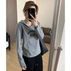Gray Outer Wear 2024 Autumn and Winter New Long-Sleeved T-Shirt Women's Hooded Sweatshirt Loose Belly-Covering Fishbone Right Shoulder Top