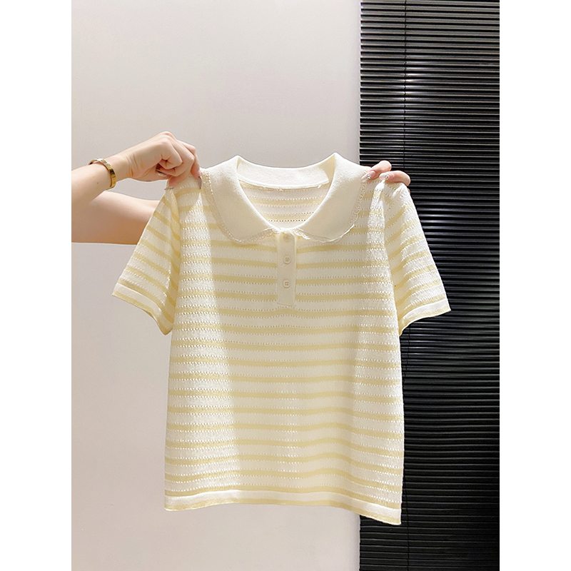 Korean Sweet and Spicy Style Striped Color-Block Short-Sleeve Knit Top for Women, New Summer Lace-Trimmed Breathable Versatile Top Korean Sweet and Spicy Style Striped Color-Block Short-Sleeve Knit Top for Women, New Summer Lace-Trimmed Breathable Versatile Top