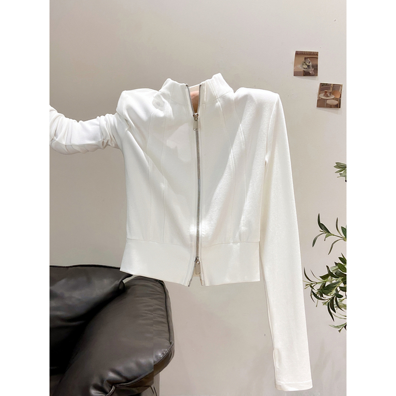 White Stand-Up Collar Two-Way Zipper Short Long-Sleeve T-Shirt for Women, New Autumn Style with Three-Dimensional Tailoring, Waist-Cinching, Slimming Outerwear Top