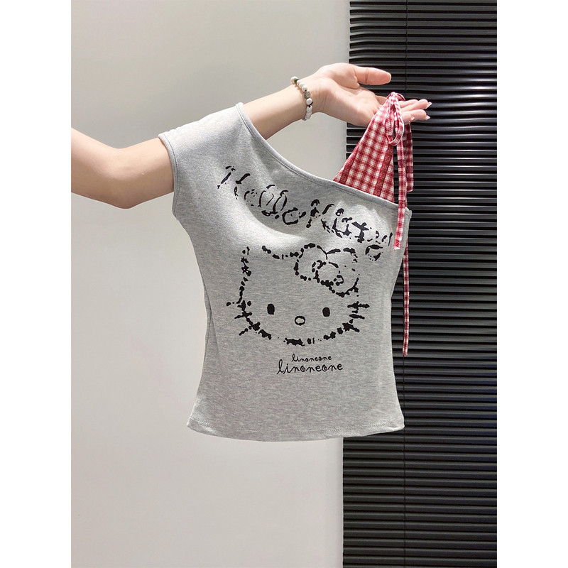 Plaid Patchwork Sleeveless Off-Shoulder Asymmetrical Neckline Tank Top Women's 2025 Summer New Slim Fit Flattering Beautiful Crop Top