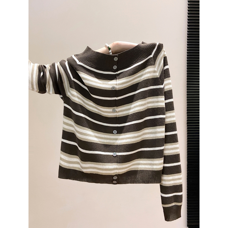 Atmospheric One-Shoulder Color-Block Striped Knit Top for Women, New Autumn Style with Button Decoration, Collarbone-Exposing Sweater Short Top