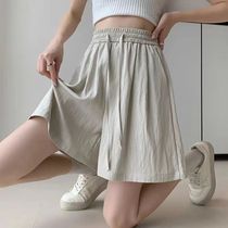 Oversized Fat 300 Jin Ice Silk Shorts Womens Summer Thin Elastic Waist Loose Pleated Cool Pants Wide Legs Five-Level Pants