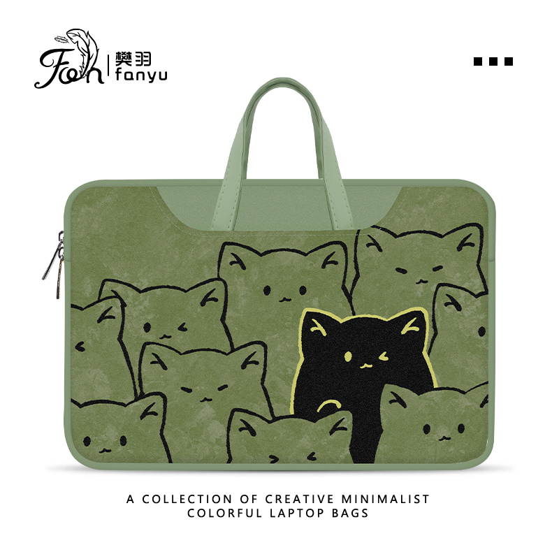 Fan Yu Little Cat Green Laptop Bag for Women and Men, Suitable for Huawei Matebook 14inch, Lenovo Xiaoxin Pro15, Apple MacBook Air 16inch, New 2026 iPad