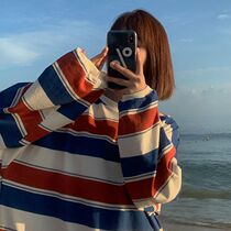 Round neck thin sweatshirt for women in spring and autumn Korean style loose striped long-sleeved T-shirt for female Internet celebrity students versatile tops and trendy tops
