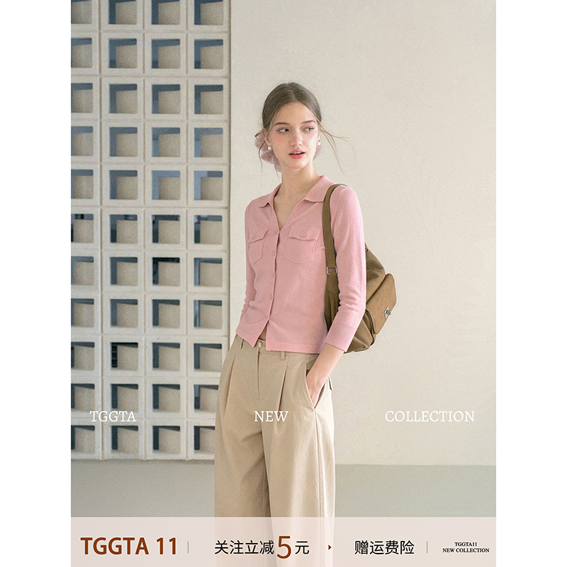 Tggta Pink Polo Collar Long-Sleeved Knitted Cardigan for Women, Autum Inner Layering Shirt, Outer Layering Sweater, Slim Fit Top