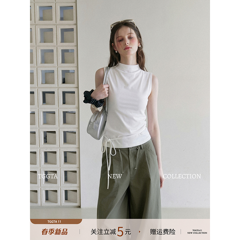 Tggta White Half-High Collar Camisole for Women, Summer 2026 New Style, Slim Fit, Tie-Up Sleeveless Top for Outerwear Tggta White Half-High Collar Camisole for Women, Summer 2026 New Style, Slim Fit, Tie-Up Sleeveless Top for Outerwear