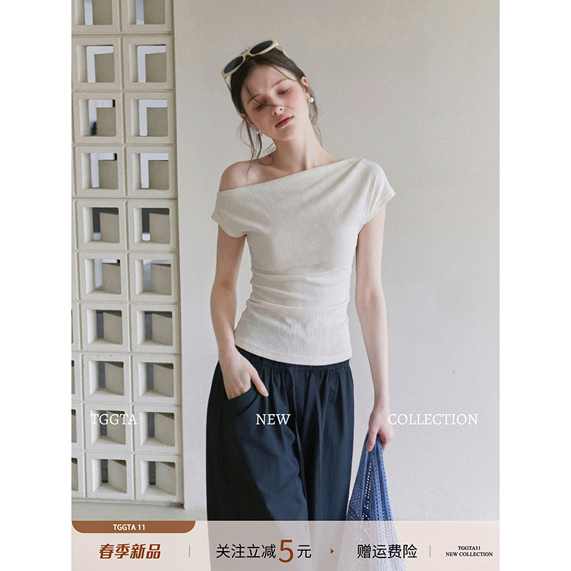 Tggta White Off-Shoulder Short-Sleeve T-Shirt for Women, Summer 2026 New Design, Slim Fit, Waist-Cinching, Short, Off-Shoulder Top Tggta White Off-Shoulder Short-Sleeve T-Shirt for Women, Summer 2026 New Design, Slim Fit, Waist-Cinching, Short, Off-Shoulder Top