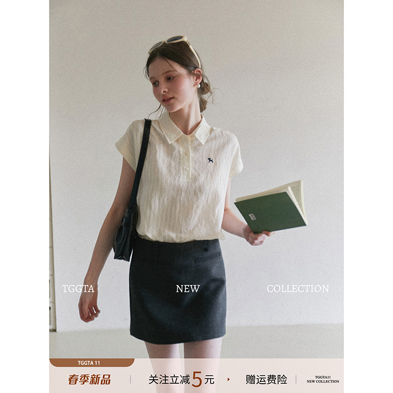 Tggta Off-White Striped Polo Collar Sleeveless Shirt for Women, Summer 2026 New Style, Turn-Down Collar Shirt, Vest Top