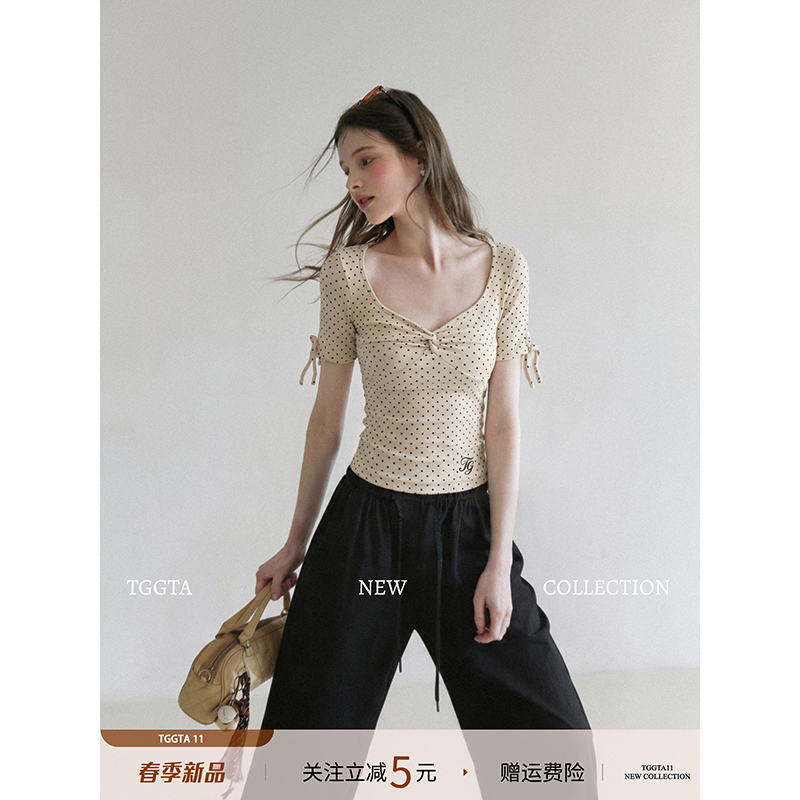Tggta Apricot Polka Dot Large Neckline Top Summer Design Niche Short-Sleeved T-Shirt Women's Slim Fit 2026 New Style