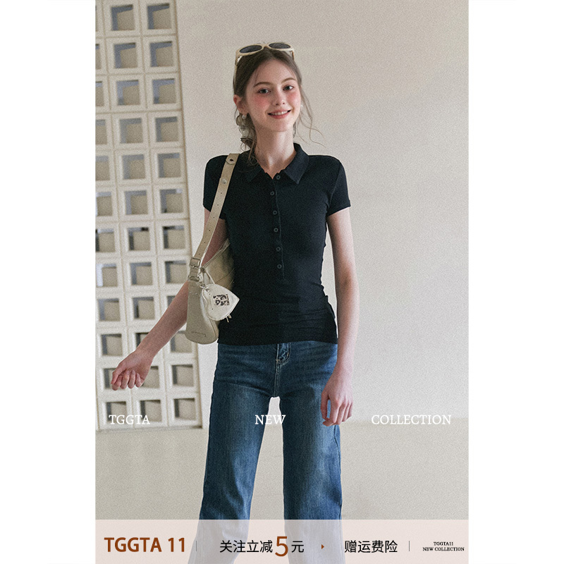 Tggta Black Polo Collar Short-Sleeve T-Shirt for Women, Summer Henry Collar Short Slim-Fit Waist-Cinching Top Tggta Black Polo Collar Short-Sleeve T-Shirt for Women, Summer Henry Collar Short Slim-Fit Waist-Cinching Top