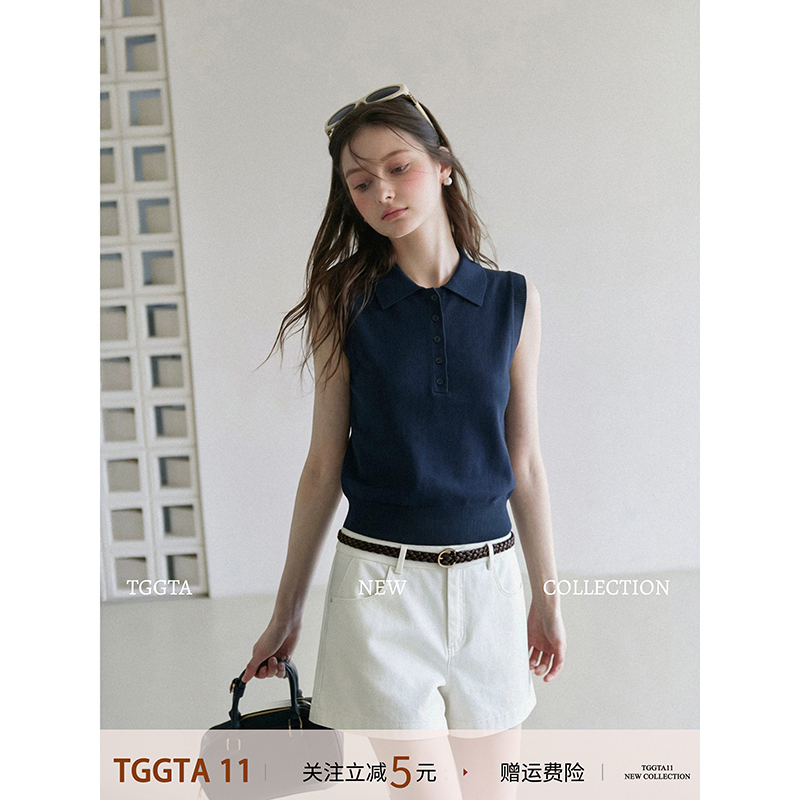 Tggta Navy Blue Polo Collar Knitted Camisole for Women, Summer 2026 New Slim Fit Sleeveless Top Tggta Navy Blue Polo Collar Knitted Camisole for Women, Summer 2026 New Slim Fit Sleeveless Top