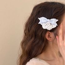New blue plaid bow hairpin hair accessory lace tiara Mori girl girl heart princess bangs duckbill clip