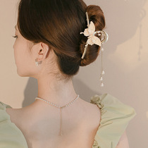 Temperament Butterfly Tassel Clip Super Fairy Chinese Style Hair Clip for Womens Back of Head High-end Shark Clip Pearl Headdress