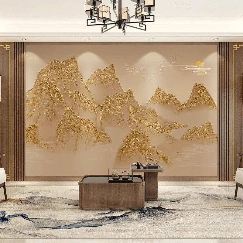 2025新中式水墨山水金山壁布电视背景墙壁画客厅沙发墙布装饰墙纸