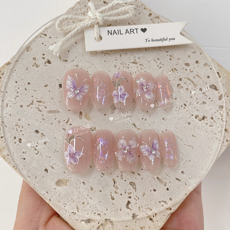 【Lilac Mist】Purely Handmade, Hand-Painted Pink Flower and Butterfly Gradient Glitter Nail Stickers, Elegant and Sweet 【Lilac Mist】Purely Handmade, Hand-Painted Pink Flower and Butterfly Gradient Glitter Nail Stickers, Elegant and Sweet