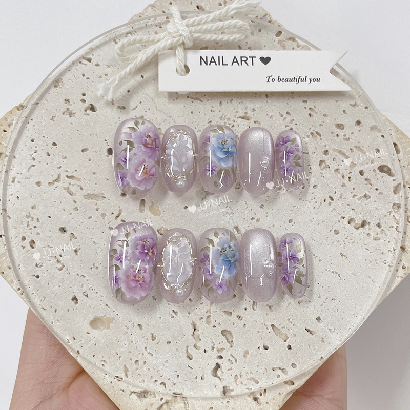 【Qingcheng】Purple Flower Wearable Nail Short Style Nail Art Patch Purple Lace Nail Decoration Piece 【Qingcheng】Purple Flower Wearable Nail Short Style Nail Art Patch Purple Lace Nail Decoration Piece