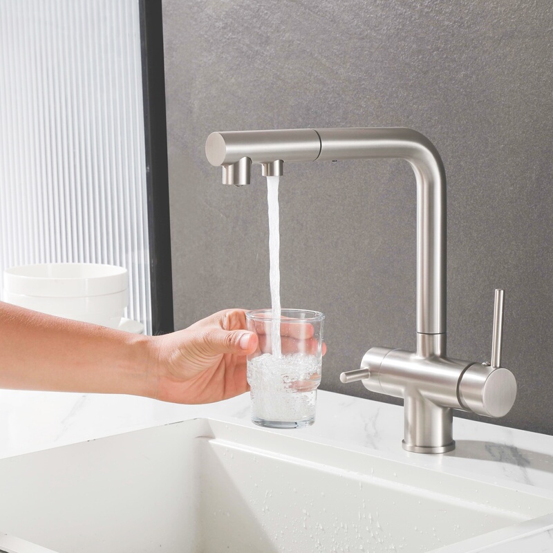 Lead-Free Copper Brushed Nickel Three-In-One Water Purifier Faucet with Pull-Out Rotating Dual Water Outlets for Kitchen Sink Hot and Cold Faucet Lead-Free Copper Brushed Nickel Three-In-One Water Purifier Faucet with Pull-Out Rotating Dual Water Outlets for Kitchen Sink Hot and Cold Faucet