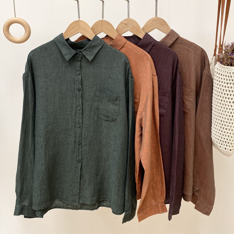 【High-Quality Yarn-Dyed Linen Solid Color Pocket Shirt】5006