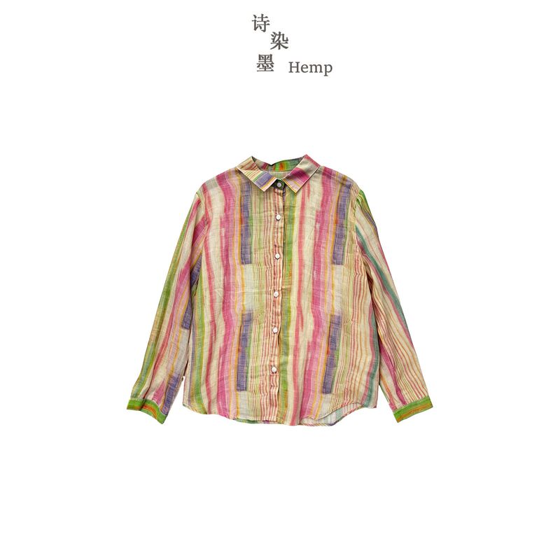 【Rainbow Gradient Striped Lightweight Ramie Lapel Shirt】6054 【Rainbow Gradient Striped Lightweight Ramie Lapel Shirt】6054