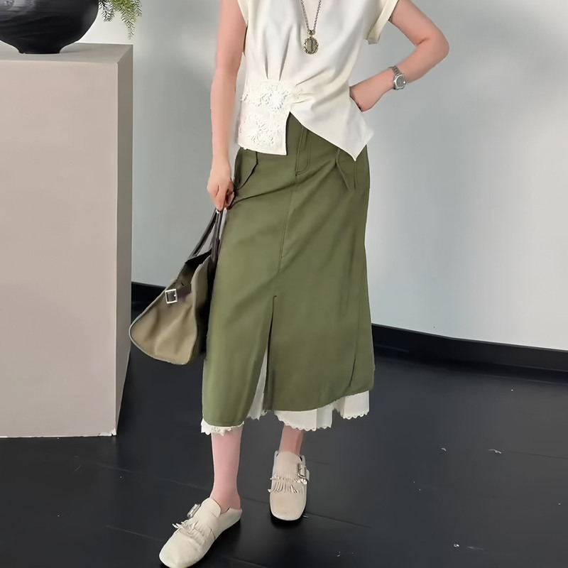Green Front-Slit Patchwork Skirt for Women, 2026 Summer Trendy New High-Waisted Retro Fashion Versatile Mid-Length Skirt
