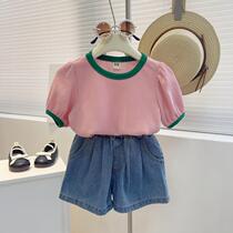 Balabala Korean girls suit 2024 new color matching short-sleeved T-shirt baby girl fashionable denim short