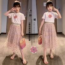 Childrens clothing girls suits 2023 new summer Korean style mesh skirts for middle and large children short-sleeved tops two-piece set on behalf of the trend