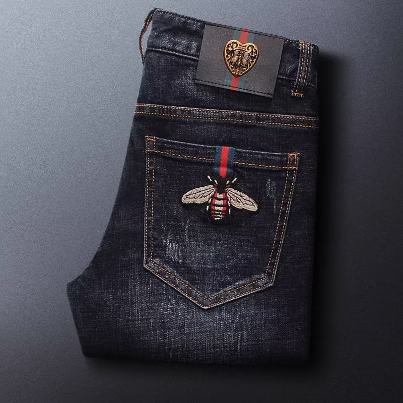 High-End Light Luxury Bee Embroidery Jeans for Men, New Spring and Autumn Slim Fit Tapered Straight Elastic Long Pants