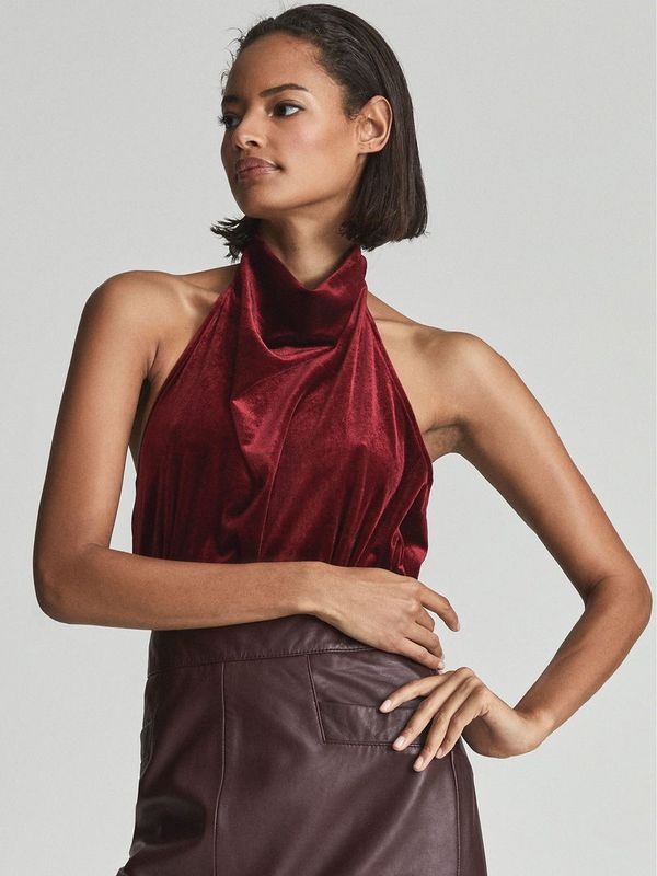 British Luxury Rei* Velvet Halter Neck Backless Fitted Bodysuit for Women, Scoop Neck Sleeveless Velvet Base Layer Top