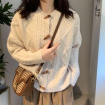 Retro Horn Button Knitted Cardigan Top Womens Autumn and Winter Korean Style Loose Lazy Versatile Round Neck Twist Sweater Jacket
