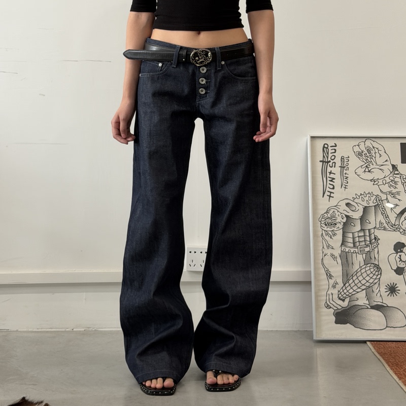 Wataa Club "Melancholy Blues" 14oz Four-Button Purple-Blue Red-Ear Denim, Easy to Fade, Women's Low-Rise Raw Denim