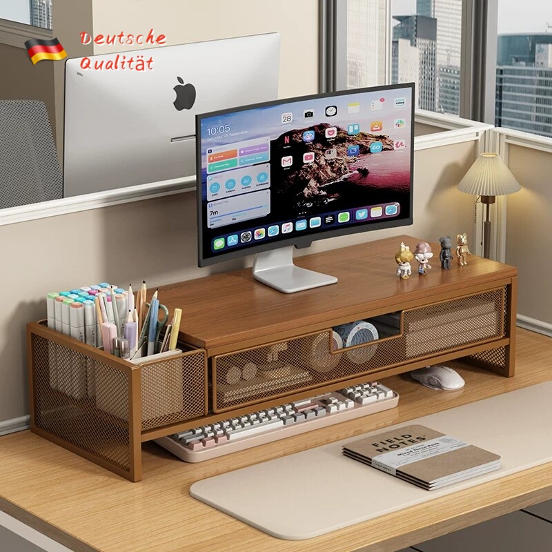 German Computer Elevated Desktop Monitor Stand with Drawer Bracket Office Desktop Storage Rack