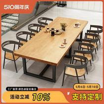 Iron solid wood long table bench workbench school large long table conference table reading table and chair combination 1035