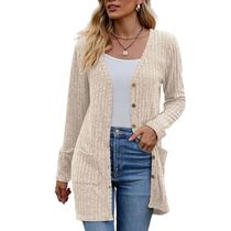 Front Button Pocket Coat Solid Color Cardigan Cozy Knitted W
