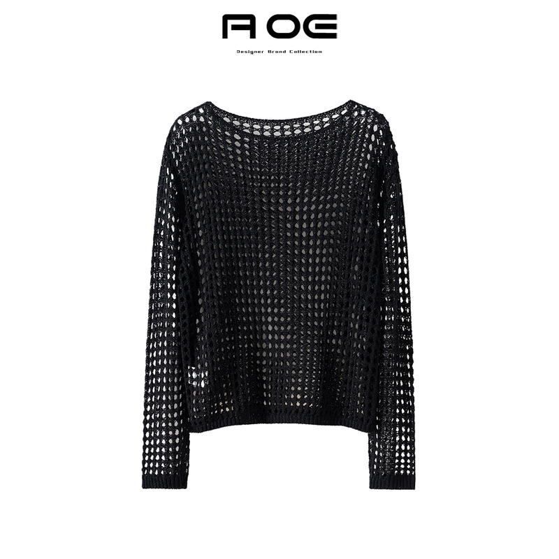 Shopping Mall Same Style Black Hollow-Out Knit Sweater for Women, Spring and Summer New Style, Lazy Style Cover-Up Top, Air-Conditioning Shirt 40728121